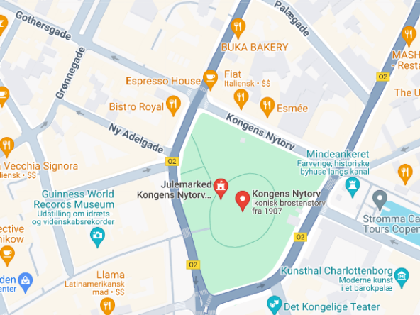 Kort over Kongens Nytorv, København, med nærliggende attraktioner og virksomheder, inklusive en markering af en café nær torvet.