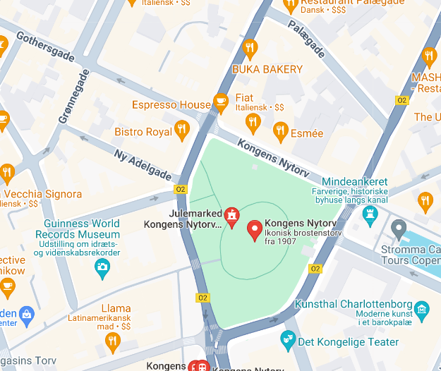 Kort over Kongens Nytorv, København, med nærliggende attraktioner og virksomheder, inklusive en markering af en café nær torvet.