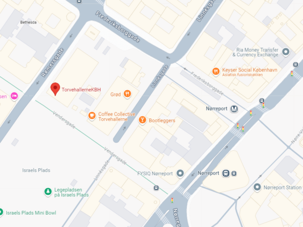 Kort over Nørreport og Torvehallerne i København, viser tæt placering til metro og marked